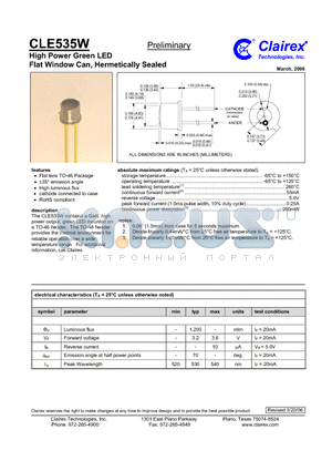 CLE535W datasheet - High Power Green LED Flat Window Can, Hermetically Sealed