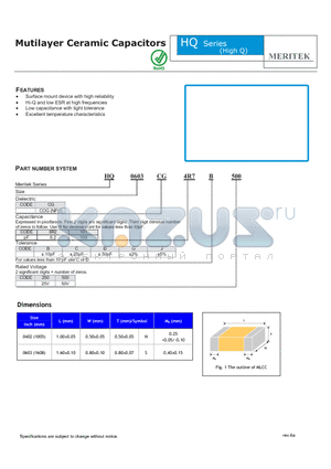 HQ0603CG101D500 datasheet - Mutilayer Ceramic Capacitors