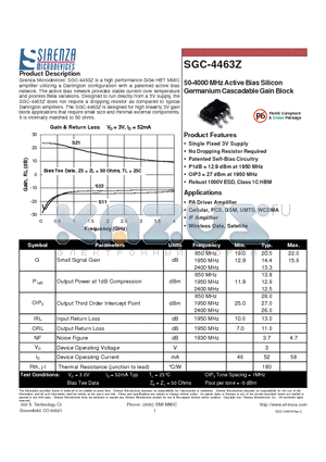 SGC-4463Z datasheet - 50-4000 MHz Active Bias Silicon Germanium Cascadable Gain Block