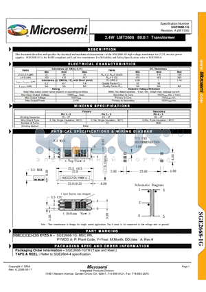 SGE2668-1GTR datasheet - 2.4W 80.0:1 Transformer