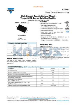 V12P10 datasheet - High Current Density Surface Mount Trench MOS Barrier Schottky Rectifier