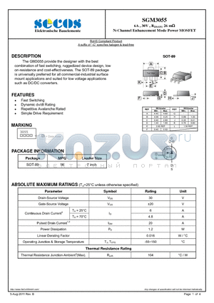 SGM3055_11 datasheet - 6A , 30V , RDS(ON) 26 m N-Channel Enhancement Mode Power MOSFET