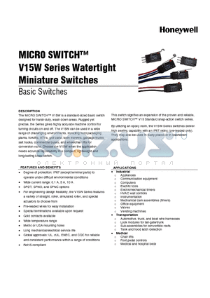 V15W11-EZ200-W3 datasheet - MICRO SWITCH V15W Series Watertight Miniature Switches