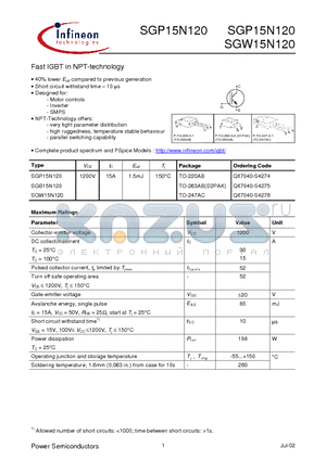 SGW15N120 datasheet - Fast IGBT in NPT-technology