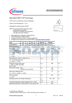 SGW50N60HS datasheet - High Speed IGBT in NPT-technology 30% lower Eoff compared to previous generation