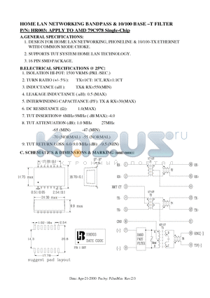 HR003 datasheet - HOME LAN NETWORKING BANDPASS & 10/100 BASE-T FILTER