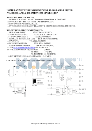 HR008 datasheet - HOME LAN NETWORKING BANDPASS& 10 /100 BASE-T FILTER