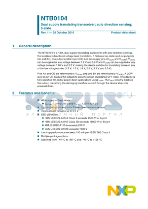 NTB0104GU12 datasheet - Dual supply translating transceiver; auto direction sensing; 3-state