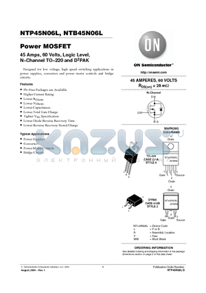 NTB45N06LT4G datasheet - 45 Amps, 60 Volts, Logic Level, N−Channel TO−220 and D2PAK