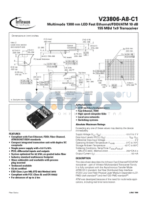 V23806-A8-C1 datasheet - Multimode 1300 nm LED Fast Ethernet/FDDI/ATM 10 dB 155 MBd 1x9 Transceiver