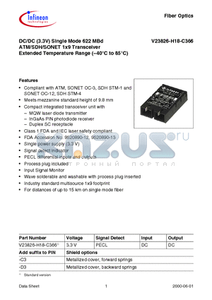 V23826-H18-C366 datasheet - DC/DC (3.3V) Single Mode 622 MBd ATM/SDH/SONET 1x9 Transceiver Extended Temperature Range