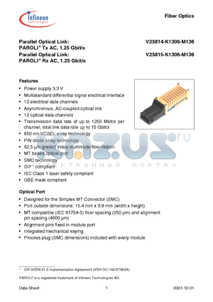 V23814-K1306-M136 datasheet - PAROLI Tx AC, 1.25 Gbit/s