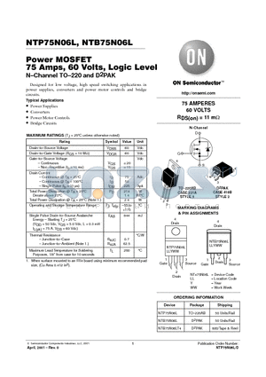 NTB75N06L datasheet - POWER MOSFET 75 AMPS, 60 VOLTS, LOGIC LEVEL