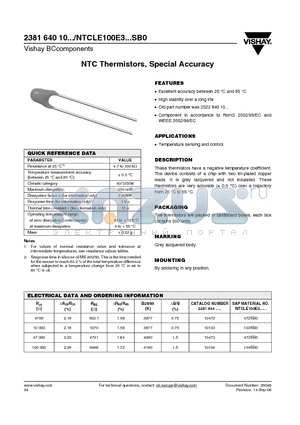 NTCLE100E3472SB0 datasheet - NTC Thermistors, Special Accuracy