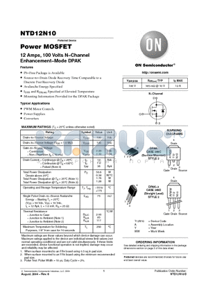 NTD12N10 datasheet - Power MOSFET 12 Amps, 100 Volts N−Channel Enhancement−Mode DPAK