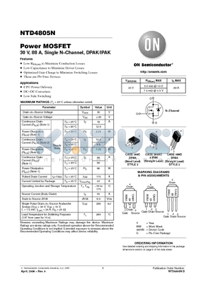 NTD4805NT4G datasheet - Power MOSFET 30 V, 88 A, Single N−Channel, DPAK/IPAK