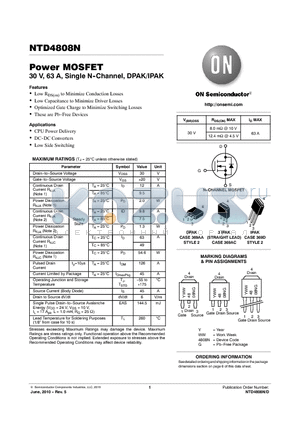NTD4808N datasheet - Power MOSFET 30 V, 63 A, Single N--Channel, DPAK/IPAK