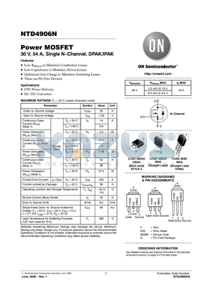 NTD4906N datasheet - Power MOSFET 30 V, 54 A, Single N−Channel, DPAK/IPAK