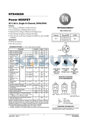 NTD4965N-35G datasheet - Power MOSFET 30 V, 68 A, Single NChannel, DPAK/IPAK