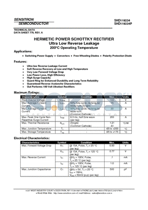 SHD119234_08 datasheet - HERMETIC POWER SCHOTTKY RECTIFIER Ultra Low Reverse Leakage 200`C Operating Temperature