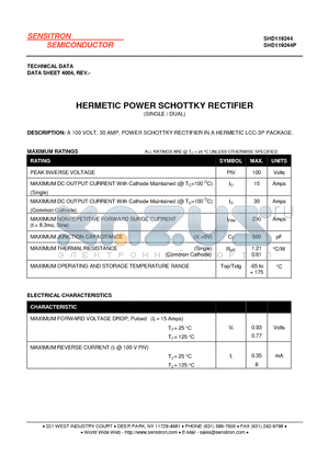 SHD119244P datasheet - HERMETIC POWER SCHOTTKY RECTIFIER