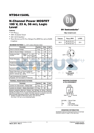 NTD6415ANL datasheet - N-Channel Power MOSFET 100 V, 23 A, 56 mY, Logic Level