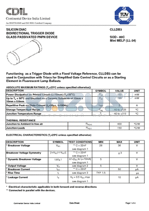 CLLDB3 datasheet - SILICON DIAC BIDIRECTIONAL TRIGGER DIODE GLASS PASSIVATED PNPN DEVICE