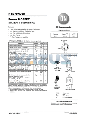 NTD70N03R-1 datasheet - Power MOSFET 72 A, 25 V, N-Channel DPAK