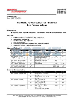 SHD124545D datasheet - HERMETIC POWER SCHOTTKY RECTIFIER Low Forward Voltage