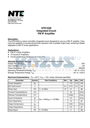 NTE1039 datasheet - Integrated Circuit FM IF Amplifier