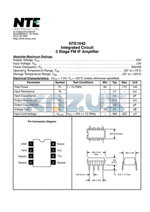 NTE1042 datasheet - Integrated Circuit 3 Stage FM IF Amplifier