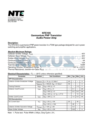 NTE105 datasheet - Germanium PNP Transistor Audio Power Amp