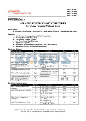 SHD125246 datasheet - HERMETIC POWER SCHOTTKY RECTIFIER