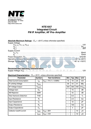 NTE1057 datasheet - Integrated Circuit FM IF Amplifier, AF Pre−Amplifier