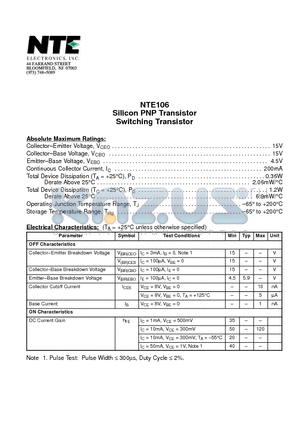 NTE106 datasheet - Silicon PNP Transistor Switching Transistor