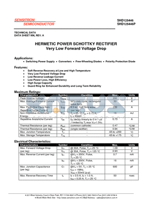 SHD125446 datasheet - HERMETIC POWER SCHOTTKY RECTIFIER Very Low Forward Voltage Drop