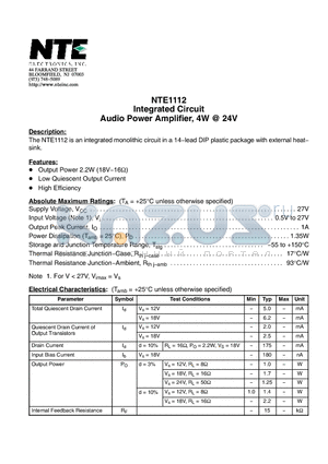 NTE1112 datasheet - Integrated Circuit Audio Power Amplifier, 4W @ 24V