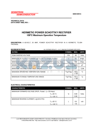 SHD125513 datasheet - HERMETIC POWER SCHOTTKY RECTIFIER 150`C Maximum Operation Temperature