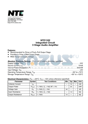 NTE1102 datasheet - Integrated Circuit 3 Stage Audio Amplifier