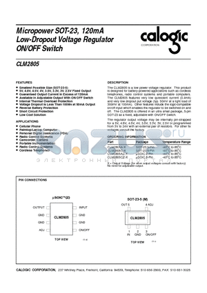 CLM2805 datasheet - Micropower SOT-23, 120mA Low-Dropout Voltage Regulator ON/OFF Switch