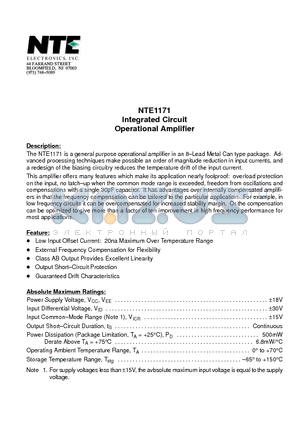 NTE1171 datasheet - Integrated Circuit Operational Amplifier
