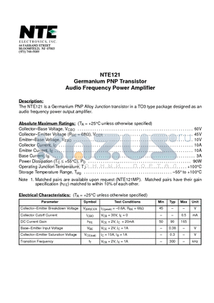 NTE121 datasheet - Germanium PNP Transistor Audio Frequency Power Amplifier