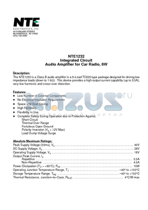 NTE1232 datasheet - Integrated Circuit Audio Amplifier for Car Radio, 8W