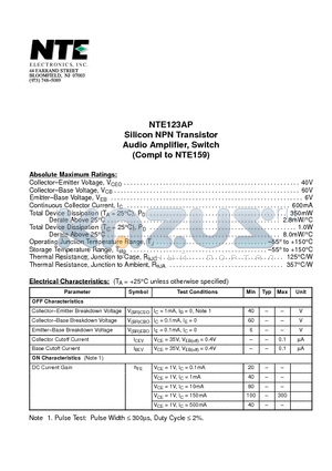 NTE123AP datasheet - Silicon NPN Transistor Audio Amplifier, Switch (Compl to NTE159)