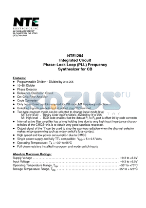 NTE1254 datasheet - Integrated Circuit Phase-Lock Loop (PLL) Frequency Synthesizer for CB