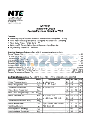 NTE1263 datasheet - Integrated Circuit Record/Playback Circuit for VCR