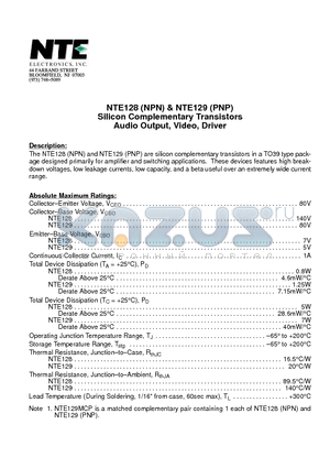 NTE128 datasheet - Silicon Complementary Transistors Audio Output, Video, Driver