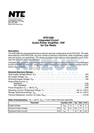 NTE1288 datasheet - Integrated Circuit Audio Power Amplifier, 10W for Car Radio