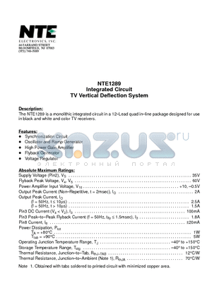 NTE1289 datasheet - Integrated Circuit TV Vertical Deflection System