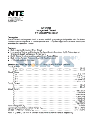 NTE1295 datasheet - Integrated Circuit TV Signal Processor